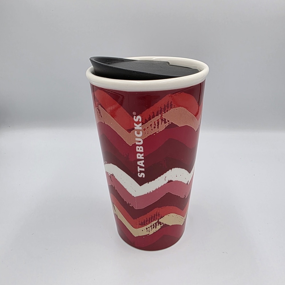 Starbucks Coffee Tumbler Mug Cup 2014  Red White Gold Stripes Ceramic Siren 10oz